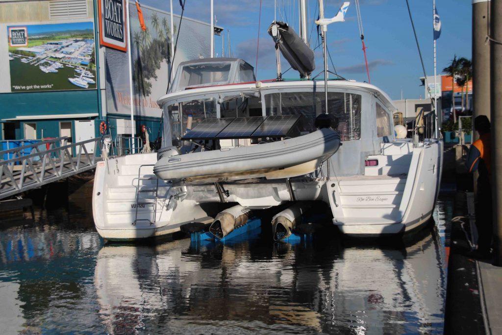 The Sealift is carefully positioned under her hulls. Being a curvy girl makes this all a little more delicate.